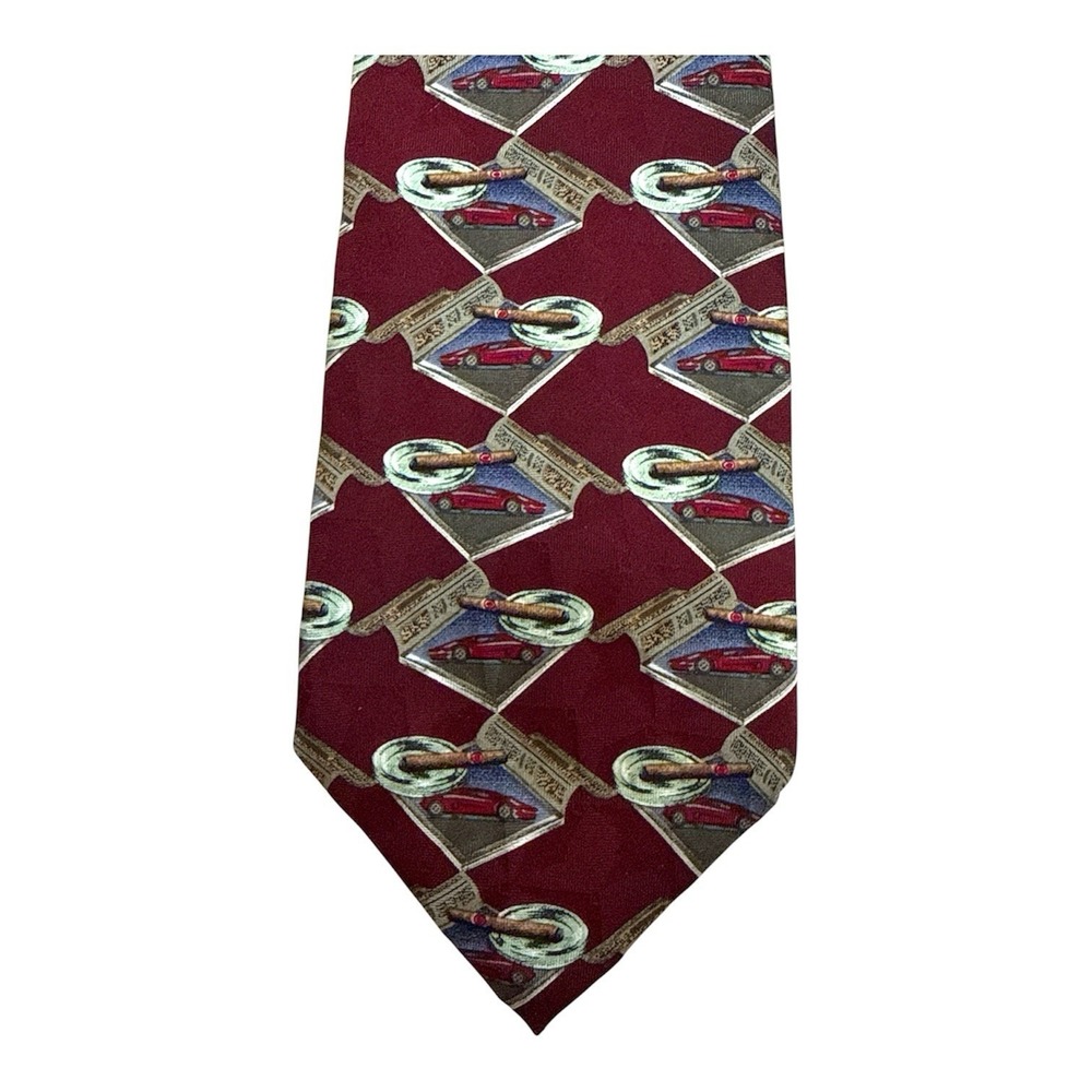 Prestige‎ Silk Magazine Panel Tie Classic Car Cigar Ashtray Maroon 57.5 x 4 USA